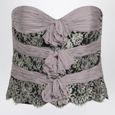 Valentino Grey and Mauve Draped Chiffon Silk Top with Lace Inserts Grey