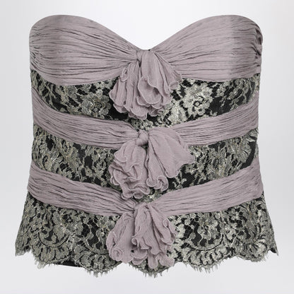 Valentino Grey and Mauve Draped Chiffon Silk Top with Lace Inserts Grey