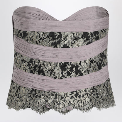 Valentino Grey and Mauve Draped Chiffon Silk Top with Lace Inserts Grey