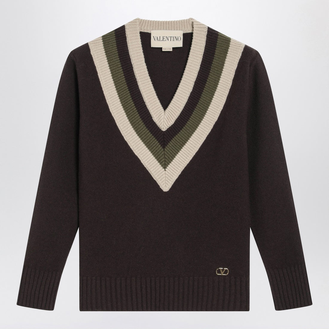 Valentino V-Neck Wool Sweater With Beige & Military Green Details Brown