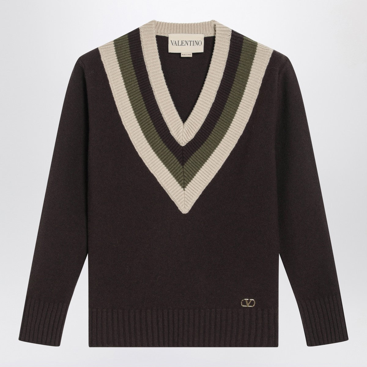 Valentino V-Neck Wool Sweater With Beige &amp; Military Green Details Brown