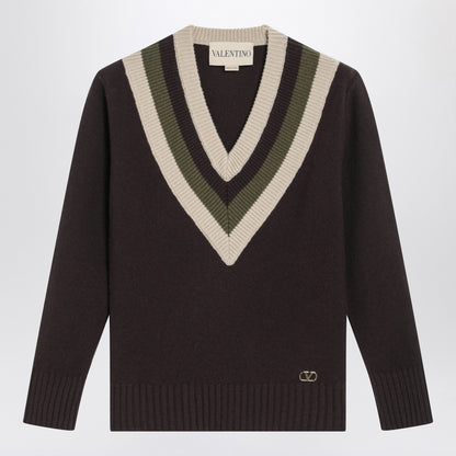 Valentino V-Neck Wool Sweater With Beige &amp; Military Green Details Brown