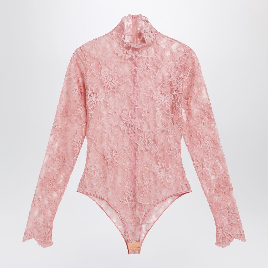 Valentino Peach Pink Floral Lace High Neck Wool Bodysuit Pink