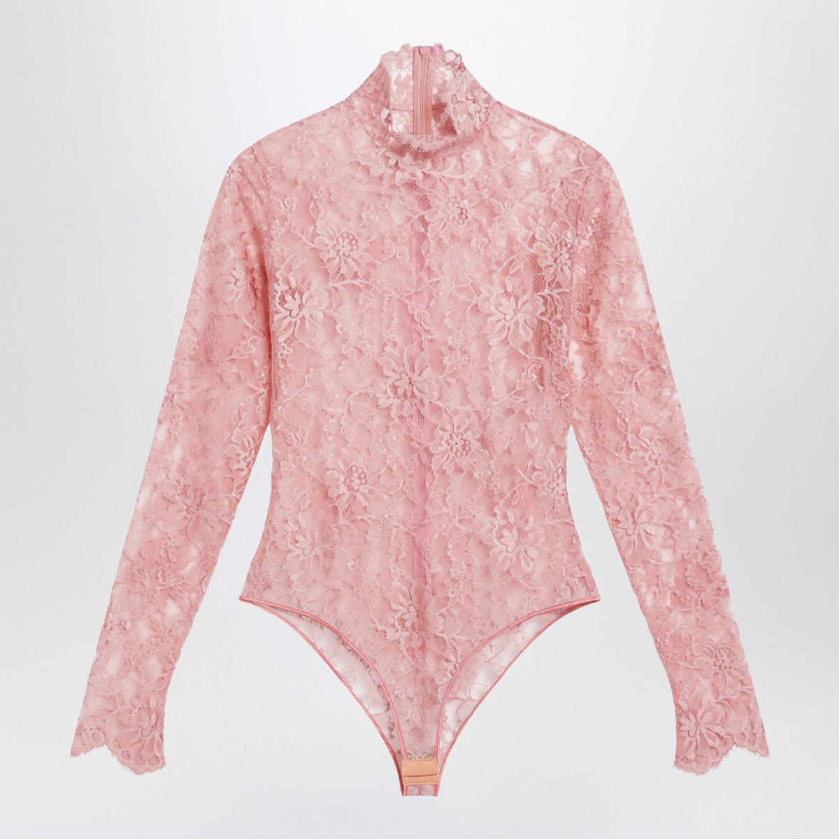 Valentino Peach Pink Floral Lace High Neck Wool Bodysuit Pink