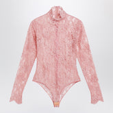 Valentino Peach Pink Floral Lace High Neck Wool Bodysuit Pink