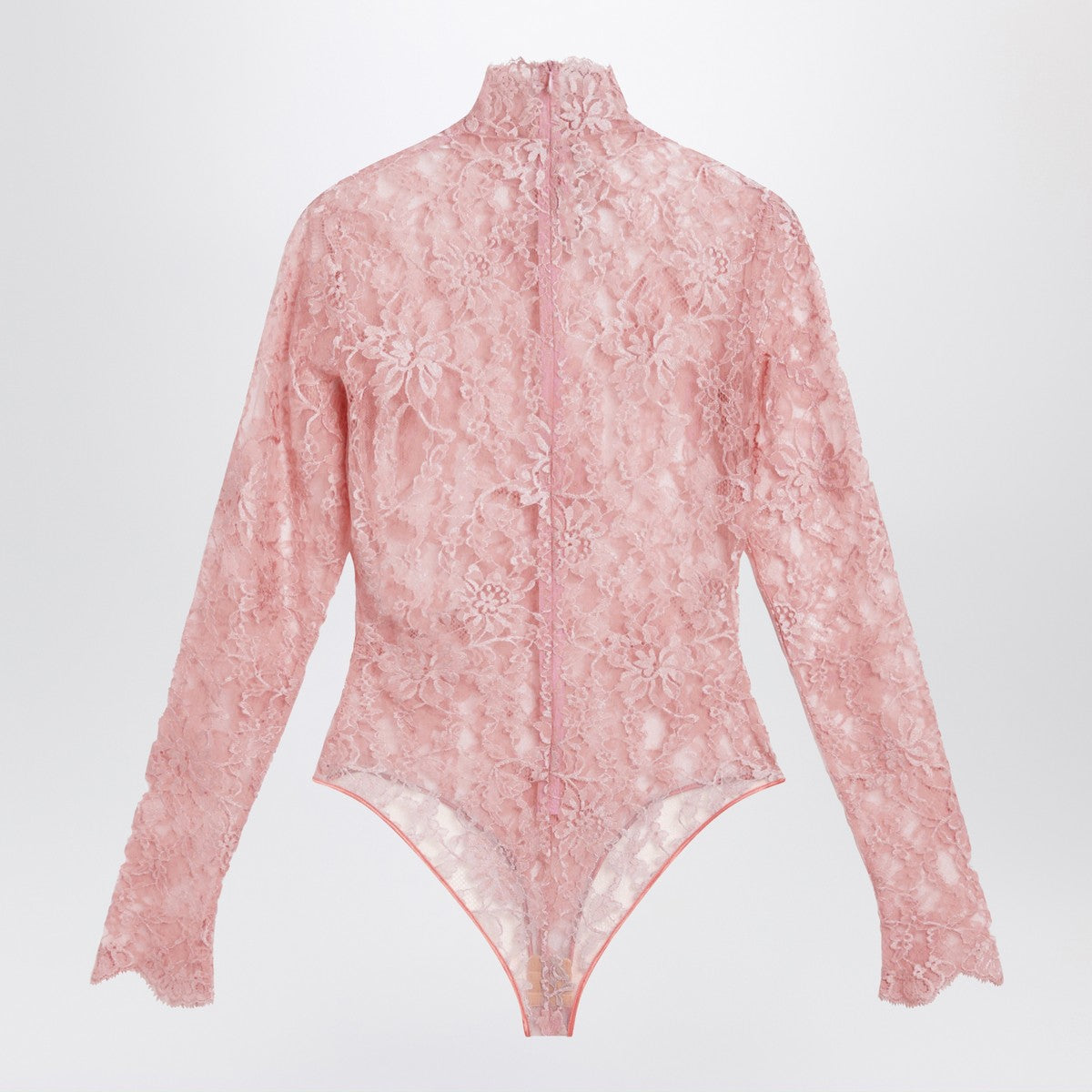 Valentino Peach Pink Floral Lace High Neck Wool Bodysuit Pink