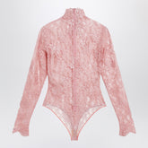 Valentino Peach Pink Floral Lace High Neck Wool Bodysuit Pink