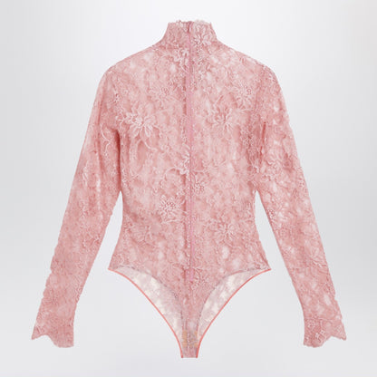 Valentino Peach Pink Floral Lace High Neck Wool Bodysuit Pink