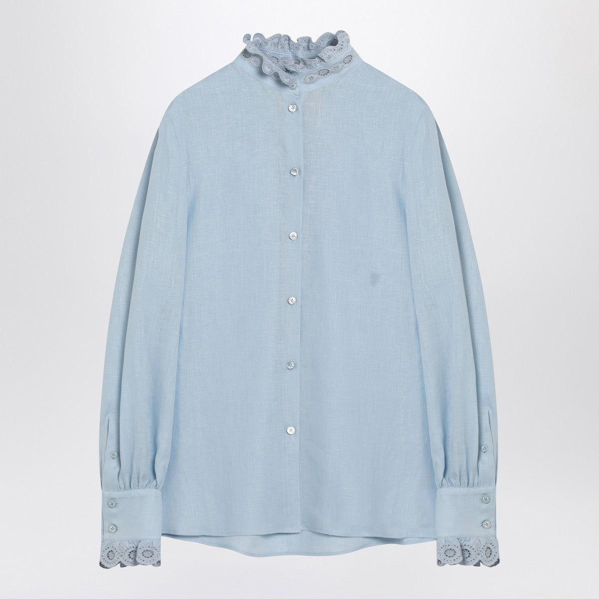 Valentino Light Blue Linen Shirt with Ruffles Blue