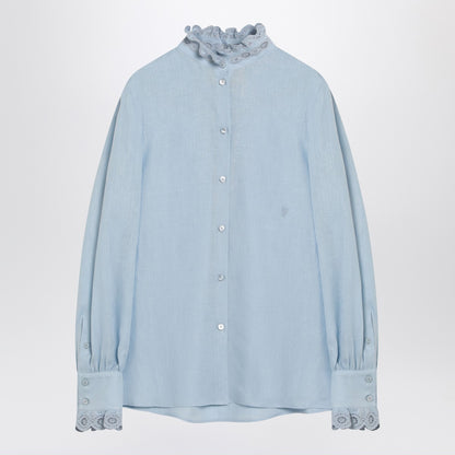 Valentino Light Blue Linen Shirt with Ruffles Blue