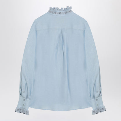 Valentino Light Blue Linen Shirt with Ruffles Blue