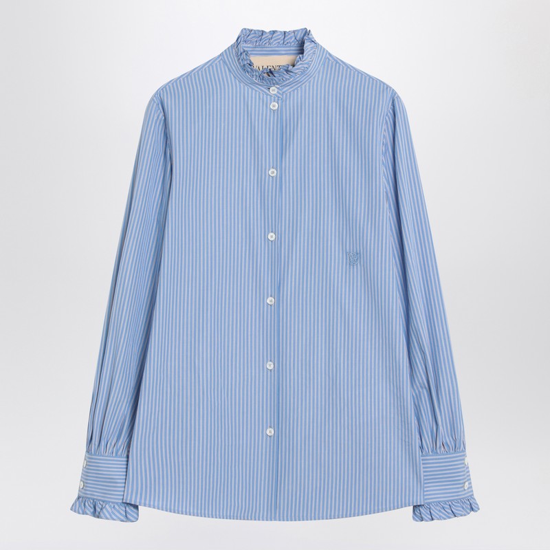 Valentino Light Blue Striped Cotton Poplin Shirt with Ruffle Collar light blue