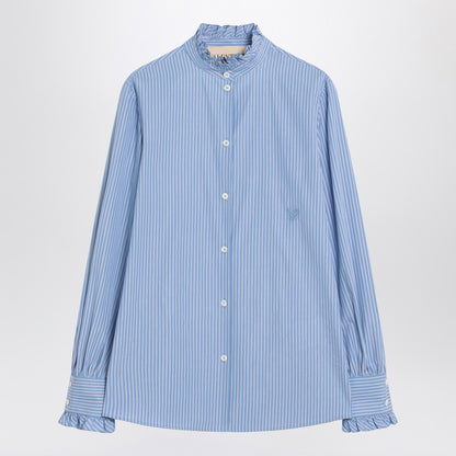 Valentino Light Blue Striped Cotton Poplin Shirt with Ruffle Collar light blue
