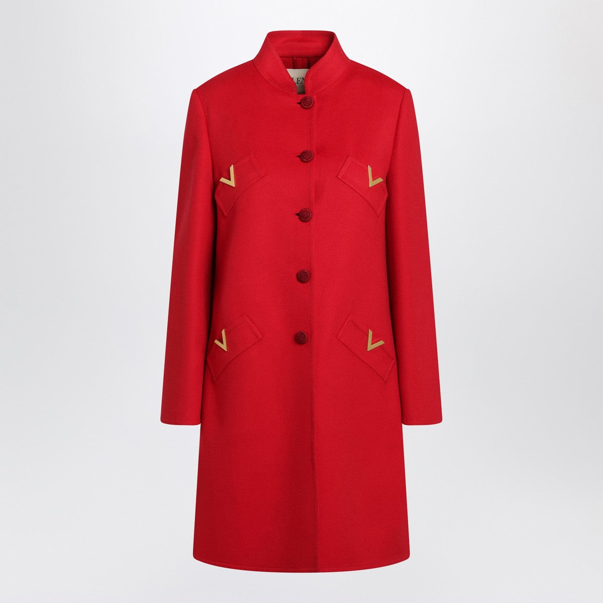 Valentino Red wool and cashmere long coat with V Gold detail Red