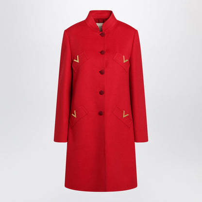 Valentino Red wool and cashmere long coat with V Gold detail Red