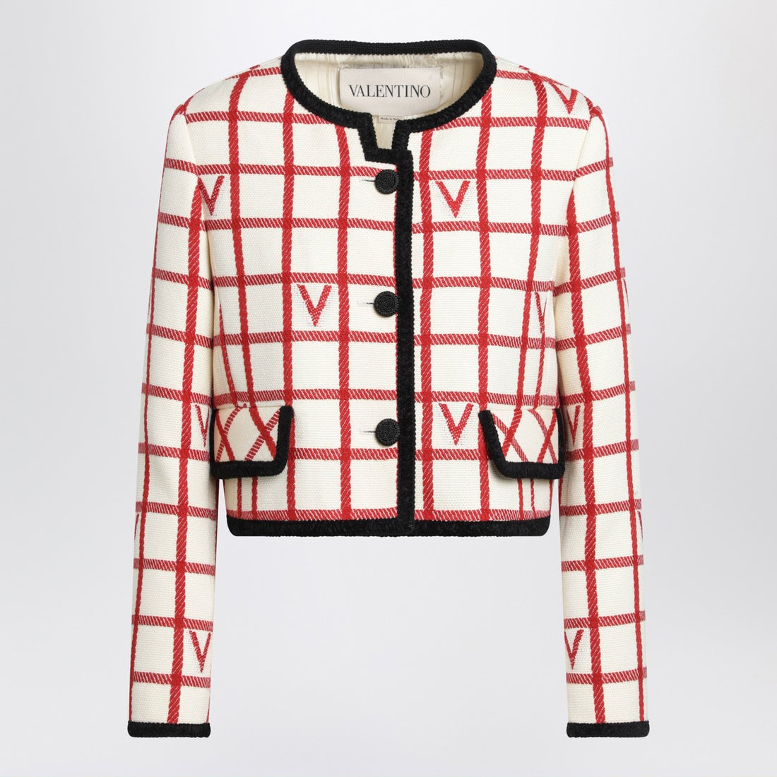 Valentino Ivory Wool-Blend Jacket with Contrasting Vlogo Check Pattern Multicolor