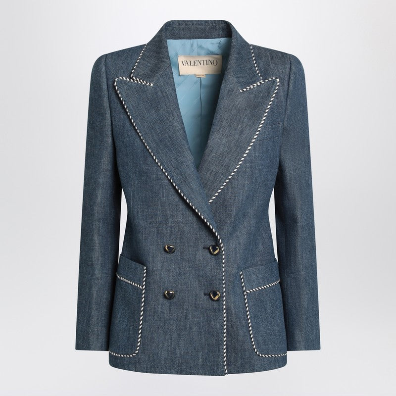 Valentino Double-Breasted Chambray Denim Jacket Blue