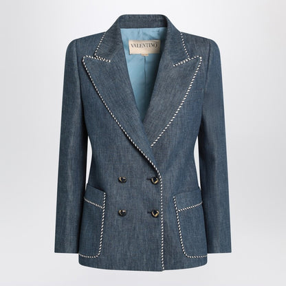 Valentino Double-Breasted Chambray Denim Jacket Blue
