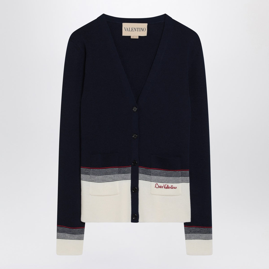 Valentino Embroidered Wool Cardigan with Chez Valentino Detail Navy Blue