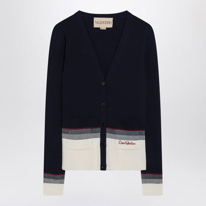 Valentino Embroidered Wool Cardigan with Chez Valentino Detail Navy Blue