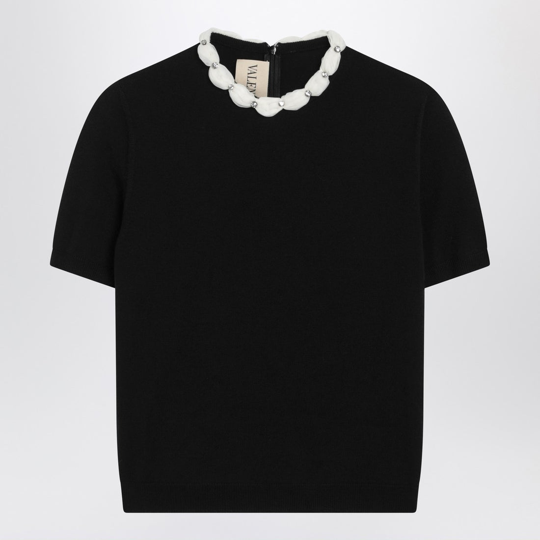 Valentino Black Wool Crewneck Sweater with Crystal Embellishments Black