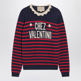 Valentino Blue and Red Striped Wool Sweater with Ruffled Neck Multicolor