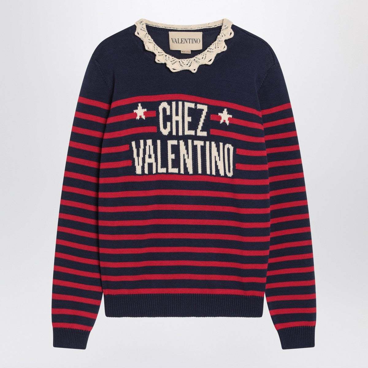 Valentino Blue and Red Striped Wool Sweater with Ruffled Neck Multicolor