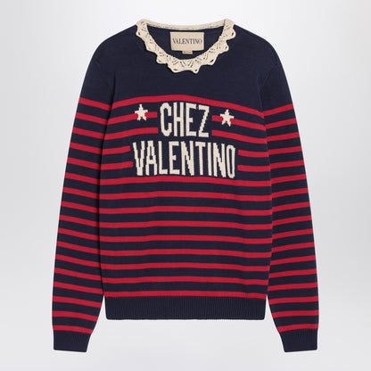 Valentino Blue and Red Striped Wool Sweater with Ruffled Neck Multicolor