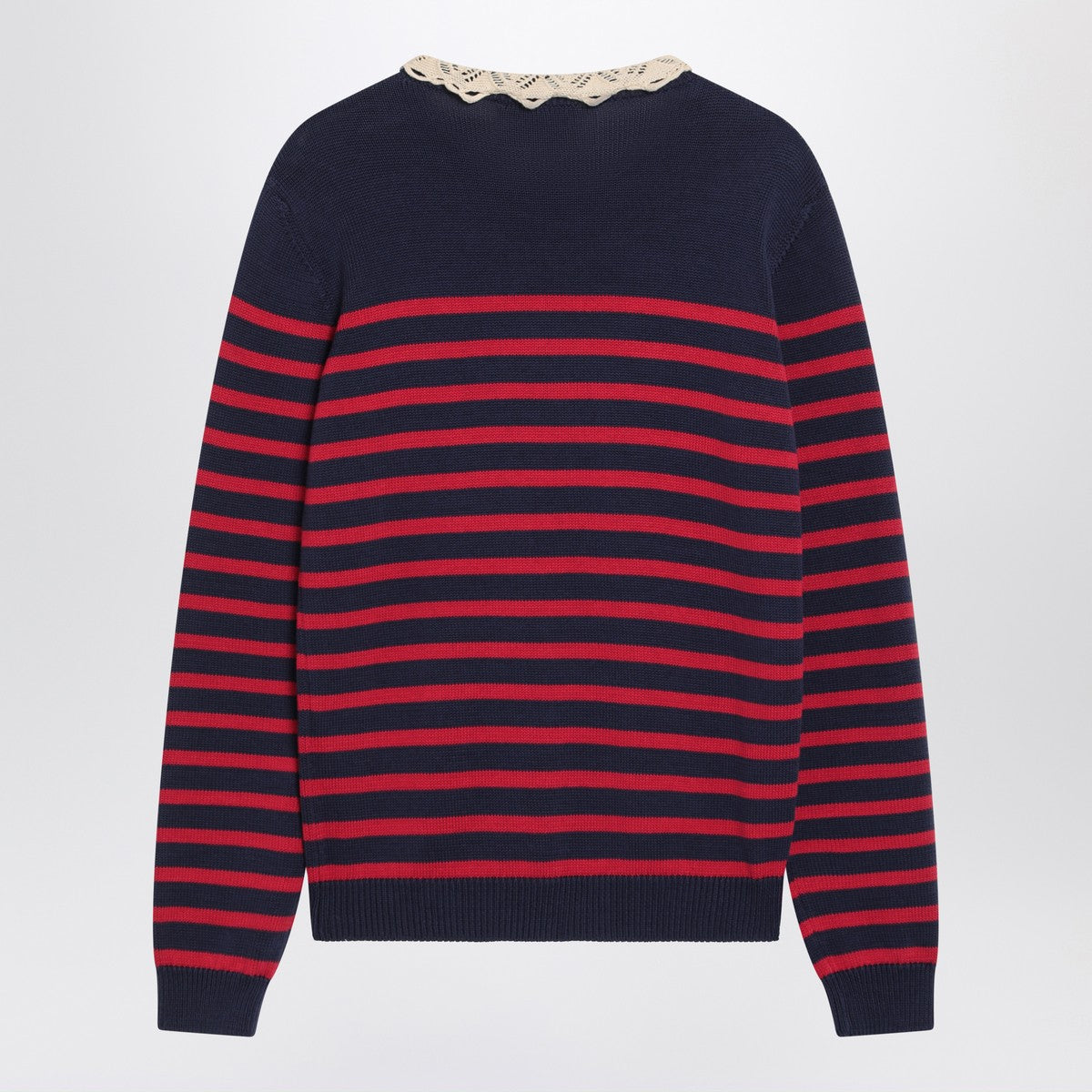Valentino Blue and Red Striped Wool Sweater with Ruffled Neck Multicolor