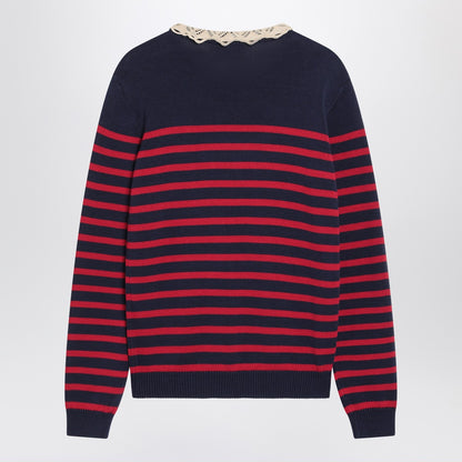 Valentino Blue and Red Striped Wool Sweater with Ruffled Neck Multicolor
