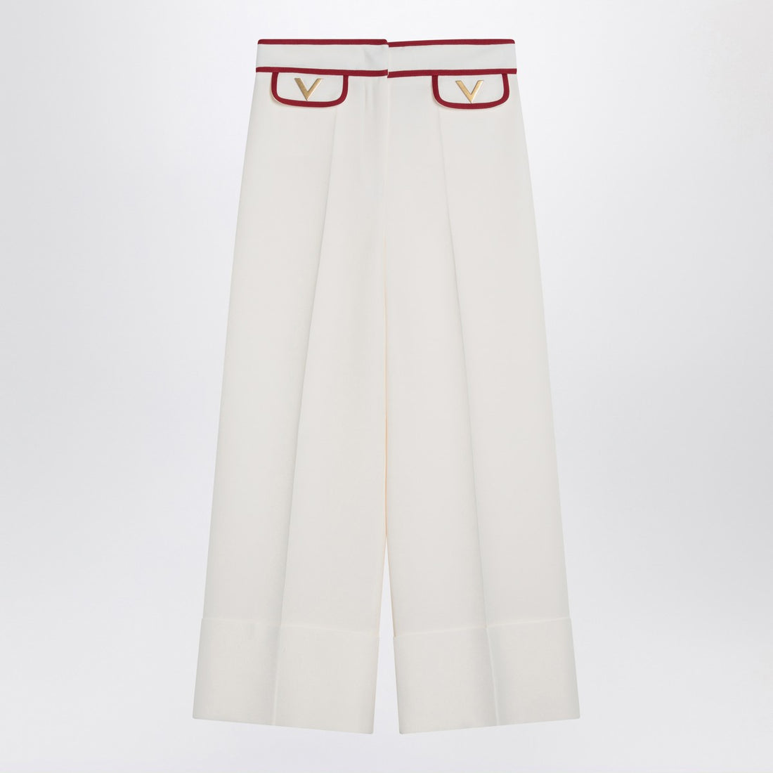 Valentino Ivory Wool-Silk Tailored Trousers with Gold V Detail Print