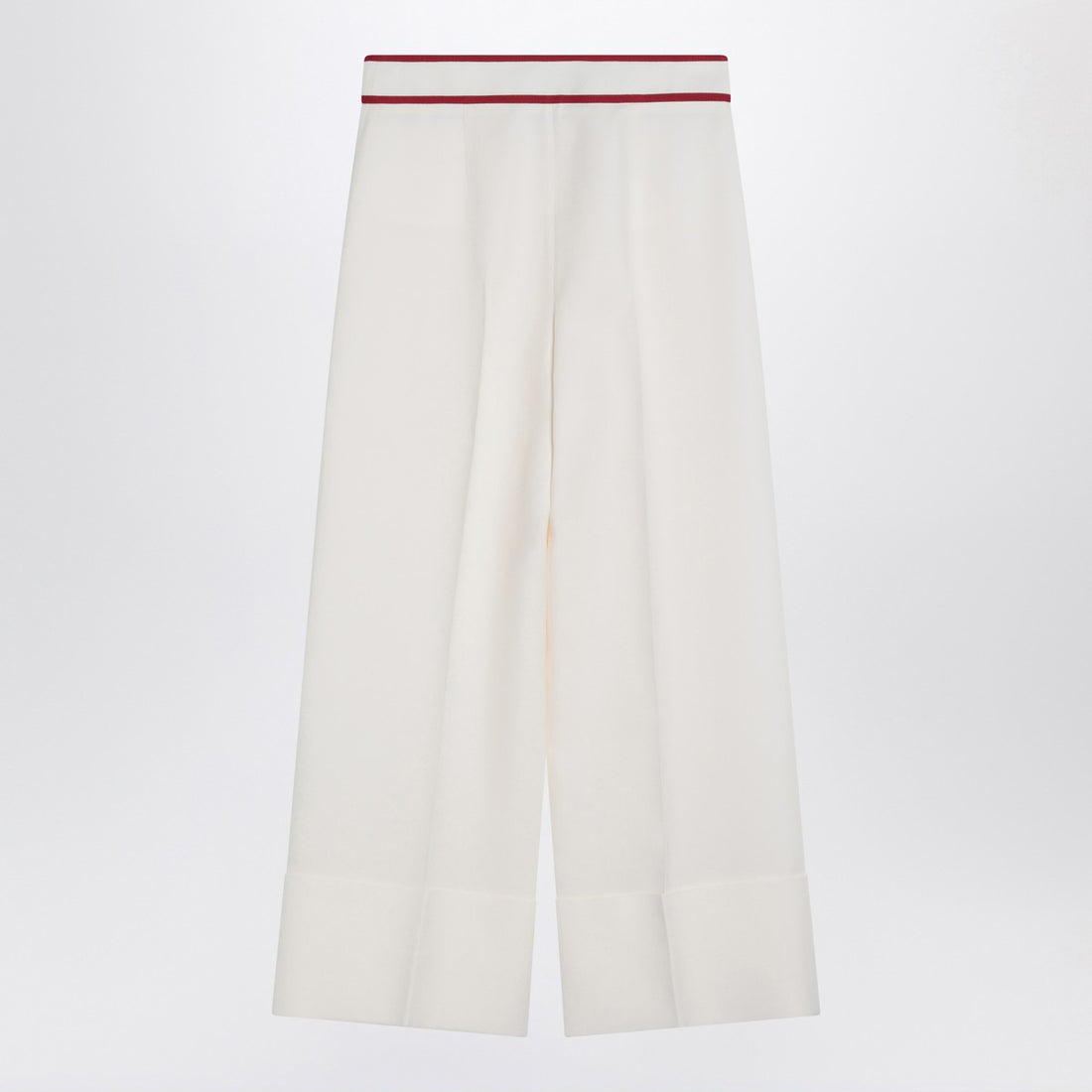 Valentino Ivory Wool-Silk Tailored Trousers with Gold V Detail Print