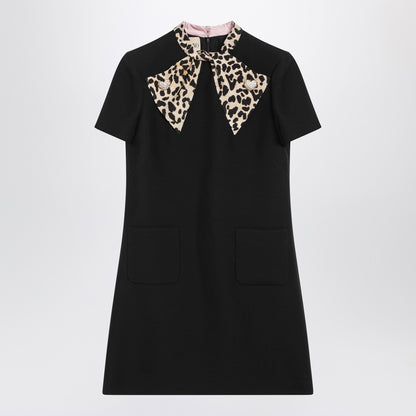 Valentino Black Crepe Couture Mini Dress with Animal-Print Bow Black