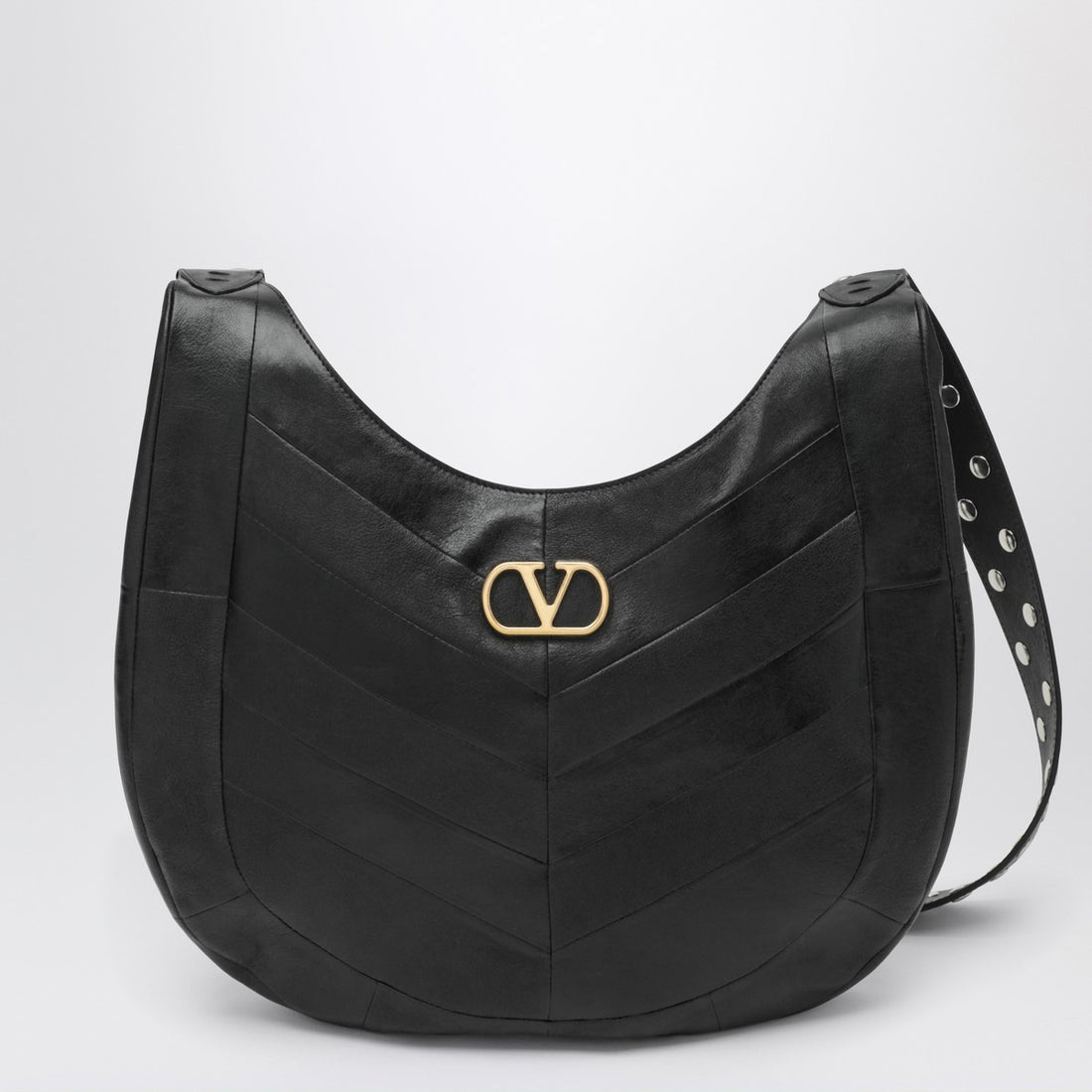 Valentino Garavani Medium Chevron-Pattern Nappa Hobo Bag Black