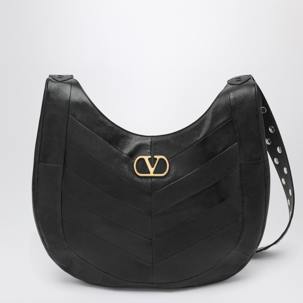 Valentino Garavani Medium Chevron-Pattern Nappa Hobo Bag Black