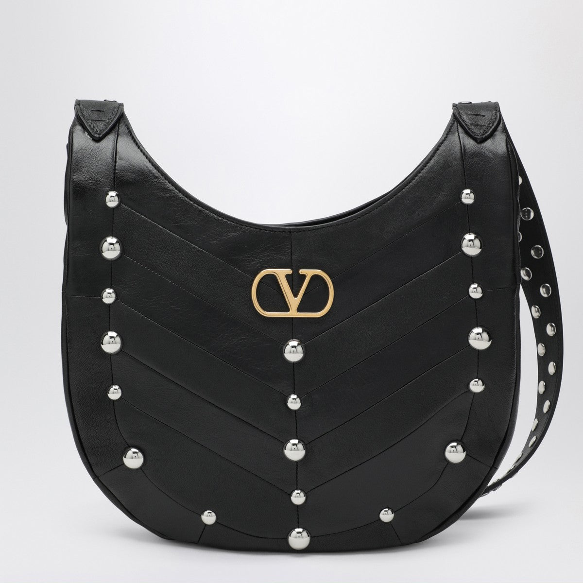 Valentino Garavani Small Black Chevron Hobo Bag with Studs Black