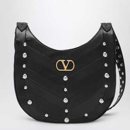Valentino Garavani Small Black Chevron Hobo Bag with Studs Black
