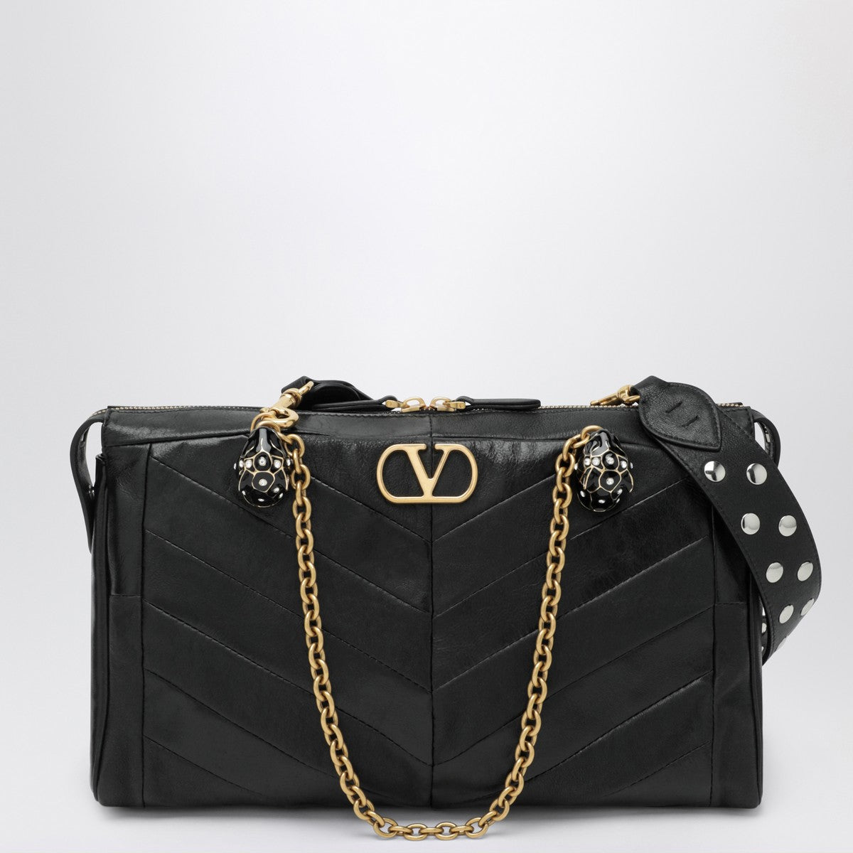 Valentino Garavani Panthea Chevron-Pattern Nappa Shoulder Bag Black