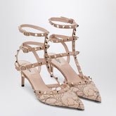 Valentino Garavani Light Pink Lace Rockstud Pumps in Black