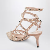 Valentino Garavani Light Pink Lace Rockstud Suede Pumps with Platinum Studs Black