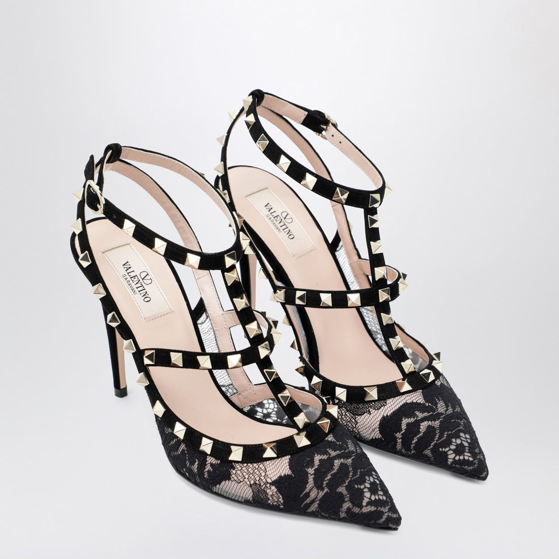 Valentino Garavani High Rockstud Black Lace Pumps with Suede Trim and Ankle Straps Black