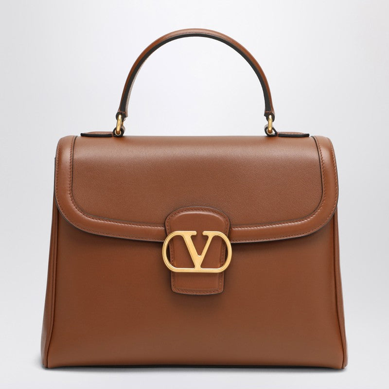 Valentino Garavani Large Tobacco Leather Shoulder Bag with Gold Vlogo Brown
