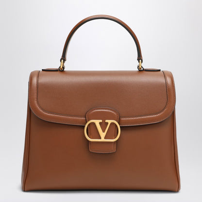 Valentino Garavani Large Tobacco Leather Shoulder Bag with Gold Vlogo Brown