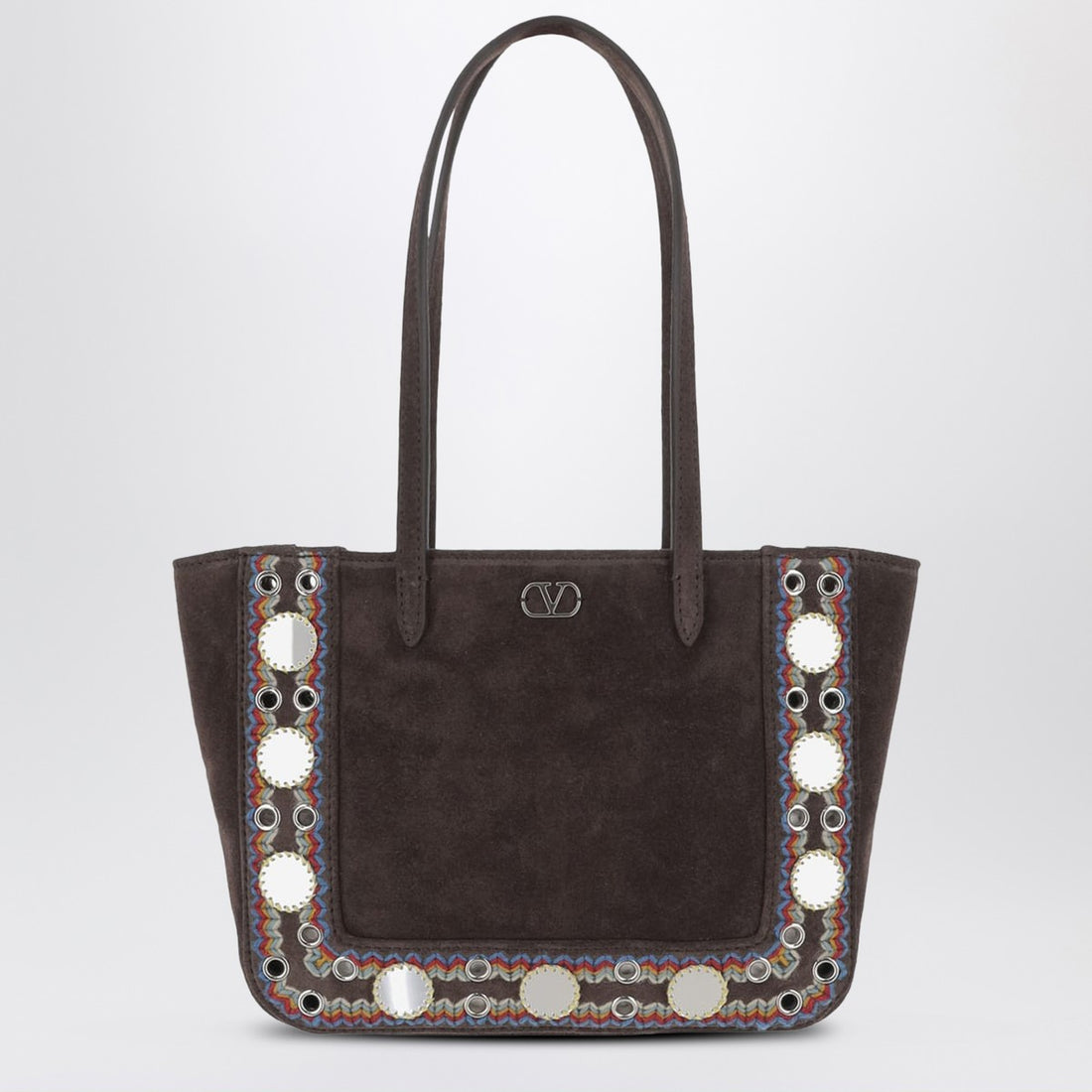 Valentino Garavani Mini Nellcôte Tote Bag in Brown Suede with Multicolor Embroidery multicolor