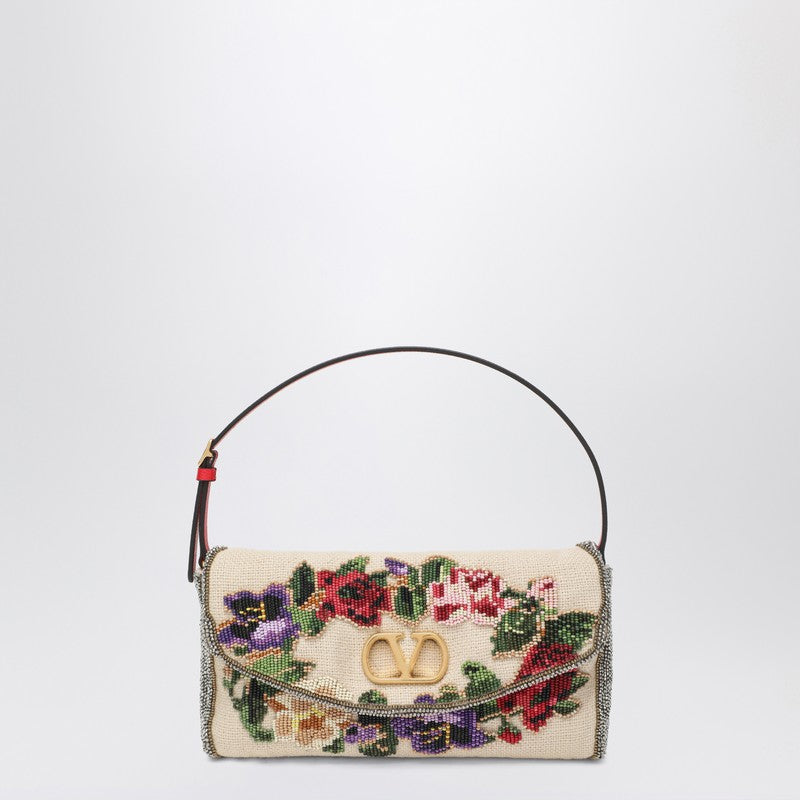 Valentino Small Embroidered Linen Shoulder Bag with VLogo - Multicolor
