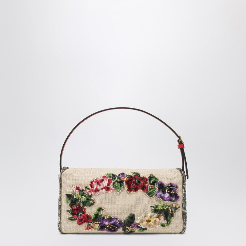 Valentino Small Embroidered Linen Shoulder Bag with VLogo - Multicolor
