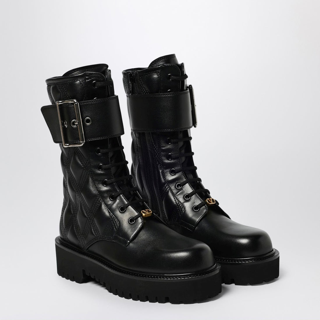 Valentino Garavani Quilted Leather Combat Boots with VLogo Black
