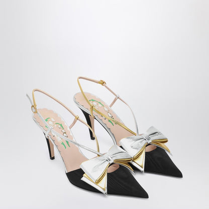Valentino Garavani Slingback Bow Pumps with Laminated Gold and Silver Bow Black