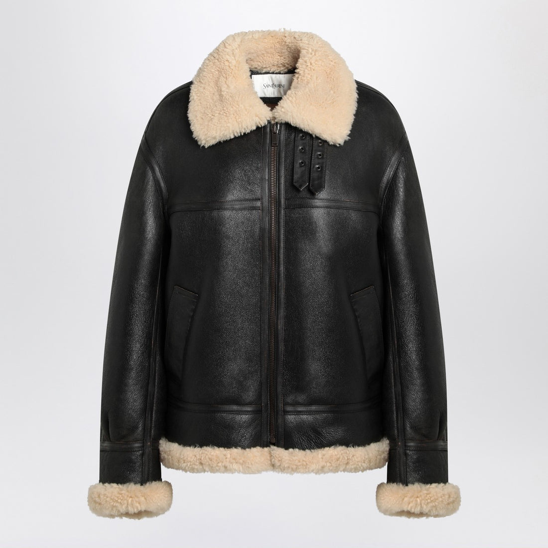 Saint Laurent Black Shearling-Trimmed Leather Jacket Black