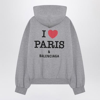 Balenciaga Grey Cotton Oversized Zip-Up Hoodie with I Love Paris Motif Grey